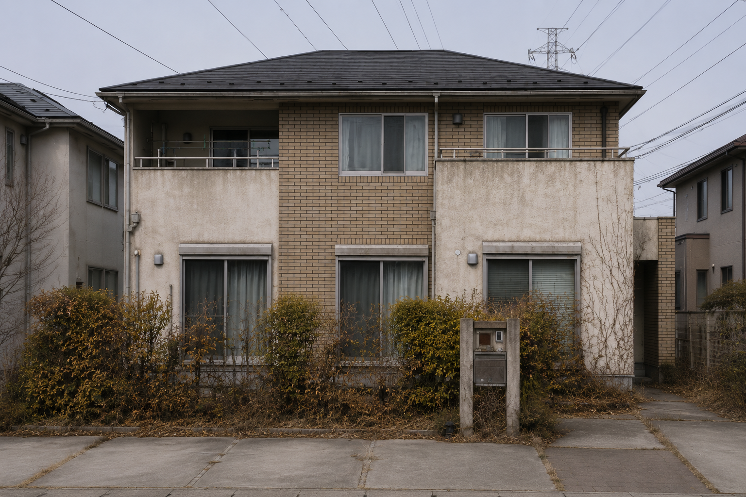 リフォーム前の外観。経年劣化した外壁と伸びた植栽が目立つ住宅の写真