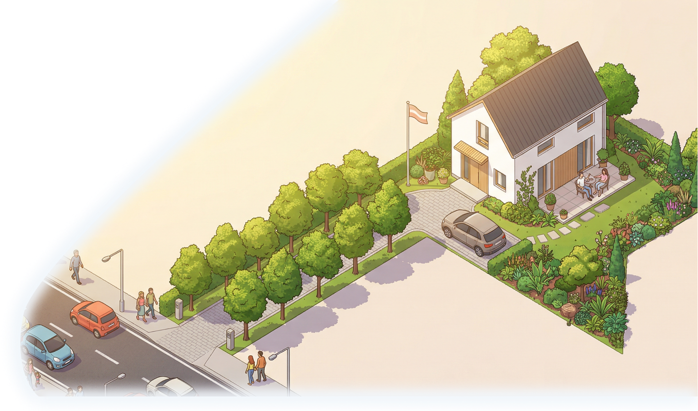 緑豊かな住宅街に建つ、庭付きの一軒家のイラスト